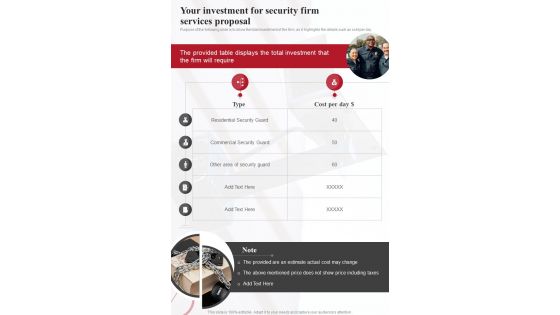 Your Investment For Security Firm Services Proposal One Pager Sample Example Document