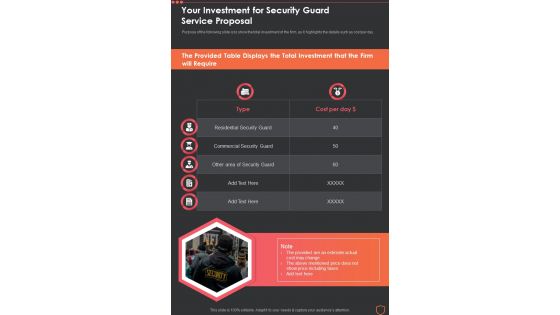 Your Investment For Security Guard Service Proposal One Pager Sample Example Document