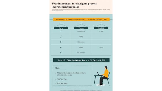 Your Investment For Six Sigma Process Improvement Proposal One Pager Sample Example Document