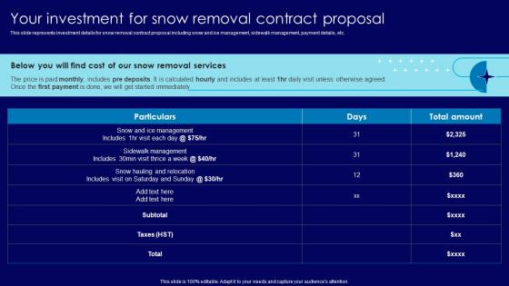 Your Investment For Snow Removal Snow Plowing Services Contract Proposal