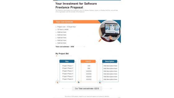 Your Investment For Software Freelance Proposal One Pager Sample Example Document