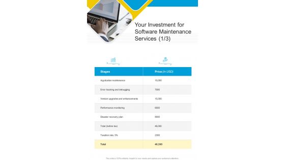 Your Investment For Software Maintenance Services One Pager Sample Example Document