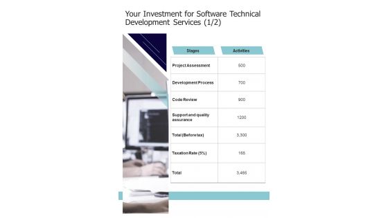 Your Investment For Software Technical Development Services One Pager Sample Example Document