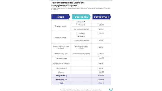 Your Investment For Staff Perk Management Proposal One Pager Sample Example Document