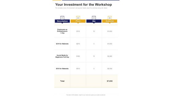 Your Investment For The Workshop One Pager Sample Example Document