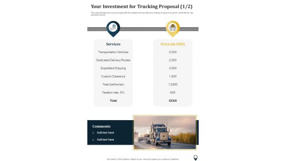 Your Investment For Trucking Proposal One Pager Sample Example Document