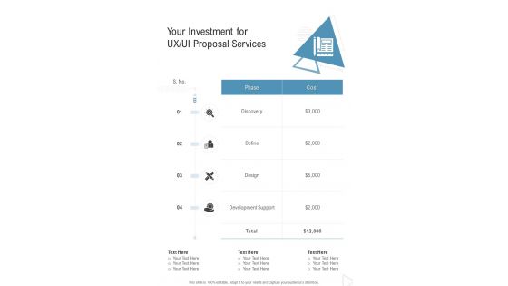 Your Investment For Ux Ui Proposal Services One Pager Sample Example Document