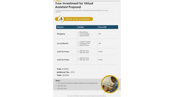 Your Investment For Virtual Assistant Proposal One Pager Sample Example Document