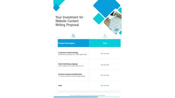Your Investment For Website Content Writing Proposal One Pager Sample Example Document