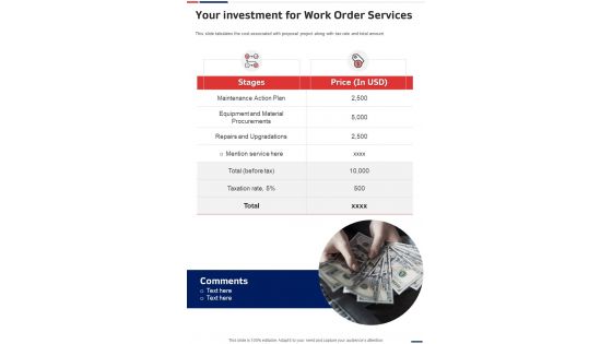 Your Investment For Work Order Services One Pager Sample Example Document