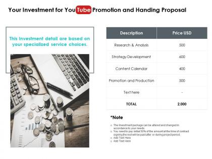 Your investment for you tube promotion and handing proposal ppt slides