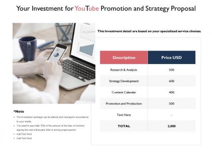 Your investment for youtube promotion and strategy proposal ppt slides