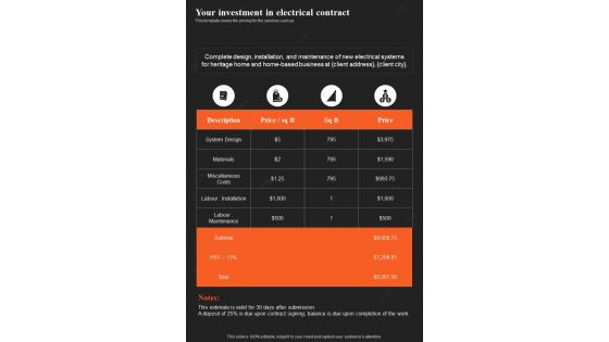 Your Investment In Electrical Contract Specialized Electrician One Pager Sample Example Document