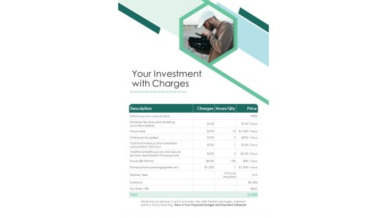 Your Investment With Charges Photography Project Proposal One Pager Sample Example Document