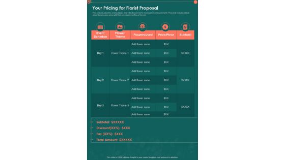 Your Pricing For Florist Proposal One Pager Sample Example Document