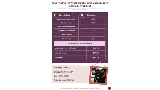 Your Pricing For Photography And Videography Services Proposal One Pager Sample Example Document