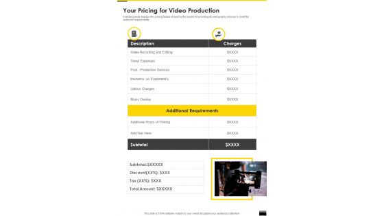 Your Pricing For Video Production One Pager Sample Example Document