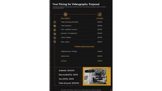 Your Pricing For Videography Proposal One Pager Sample Example Document