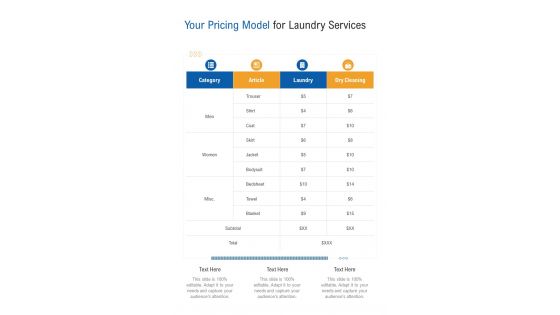 Your Pricing Model For Laundry Services One Pager Sample Example Document