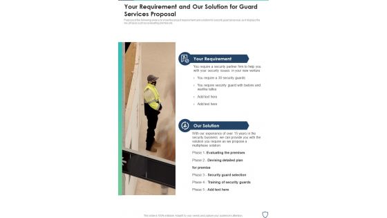 Your Requirement And Our Solution For Guard Services Proposal One Pager Sample Example Document