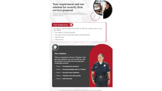Your Requirement And Our Solution For Security Firm Services Proposal One Pager Sample Example Document