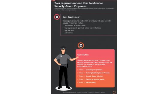 Your Requirement And Our Solution For Security Guard One Pager Sample Example Document