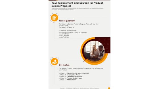 Your Requirement And Solution For Product Design Proposal One Pager Sample Example Document