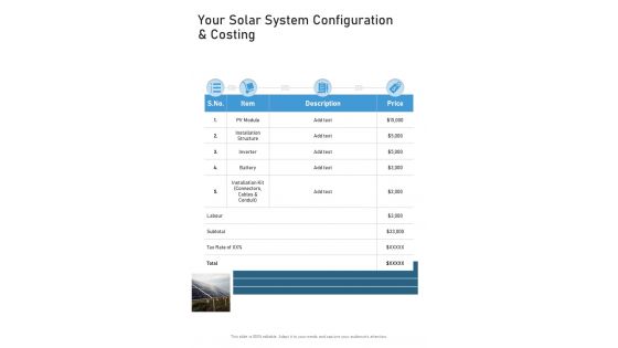 Your Solar System Configuration And Costing One Pager Sample Example Document