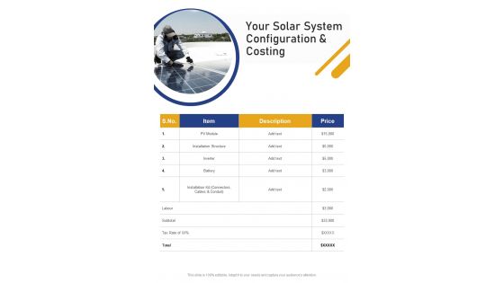 Your Solar System Configuration And Costing Solar Panel One Pager Sample Example Document