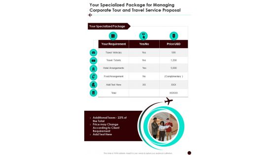 Your Specialized Package For Managing Corporate Tour One Pager Sample Example Document
