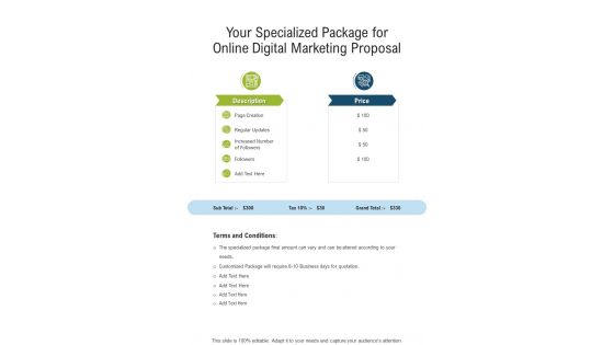 Your Specialized Package For Online Digital Marketing Proposal One Pager Sample Example Document