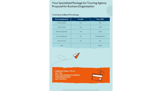 Your Specialized Package For Touring Agency Business Organization One Pager Sample Example Document