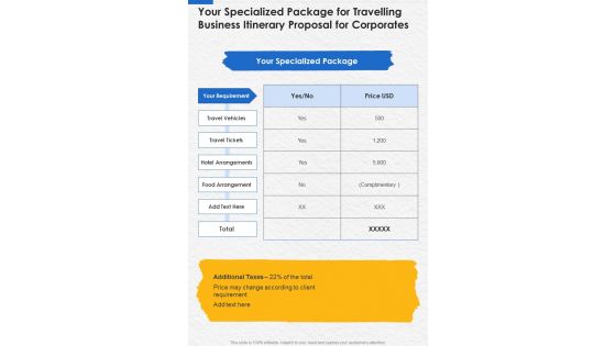 Your Specialized Package For Travelling Business Itinerary Corporates One Pager Sample Example Document
