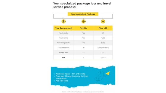 Your Specialized Package Tour And Travel Service Proposal One Pager Sample Example Document