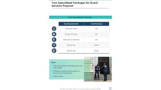 Your Specialized Packages For Guard Services Proposal One Pager Sample Example Document