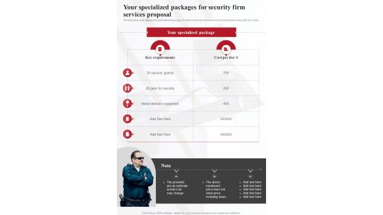Your Specialized Packages For Security Firm Services Proposal One Pager Sample Example Document