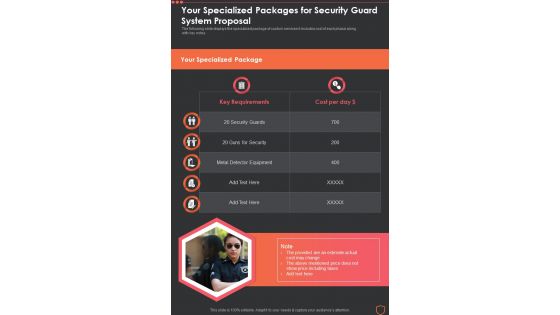 Your Specialized Packages For Security Guard System One Pager Sample Example Document