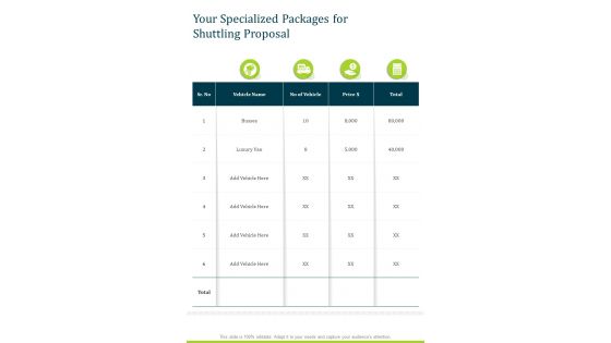 Your Specialized Packages For Shuttling Proposal One Pager Sample Example Document