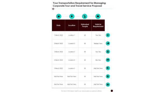 Your Transportation Requirement For Managing Corporate Tour One Pager Sample Example Document