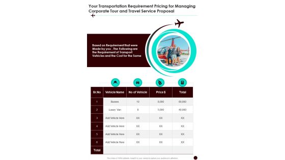 Your Transportation Requirement Pricing For Managing Corporate Tour One Pager Sample Example Document