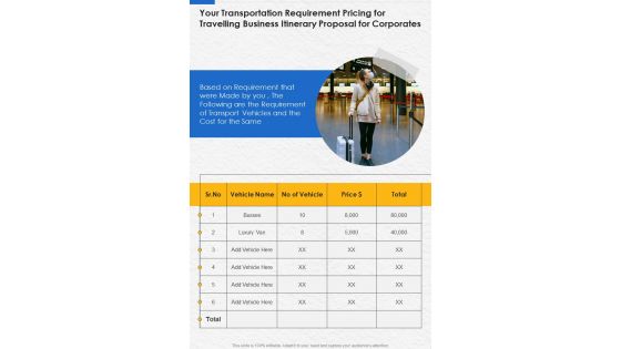Your Transportation Requirement Pricing Travelling Business Corporates One Pager Sample Example Document