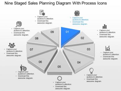 Yr nine staged sales planning diagram with process icons powerpoint template