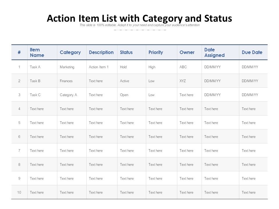Action Item List With Category And Status PowerPoint Presentation