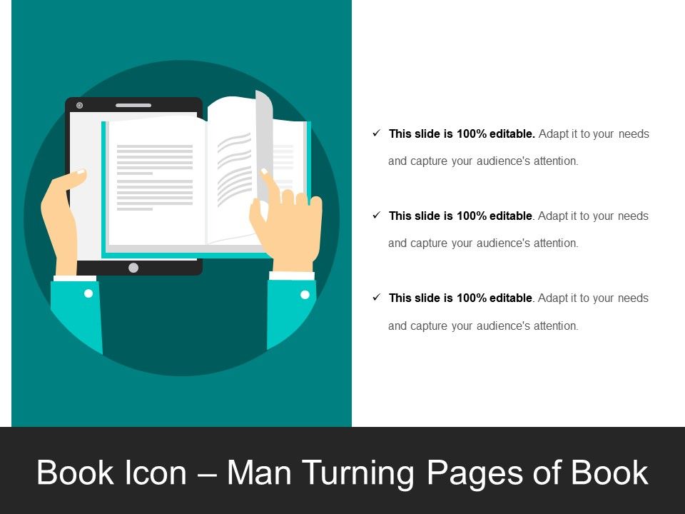 Book Icon Man Turning Pages Of Book PowerPoint Shapes PowerPoint