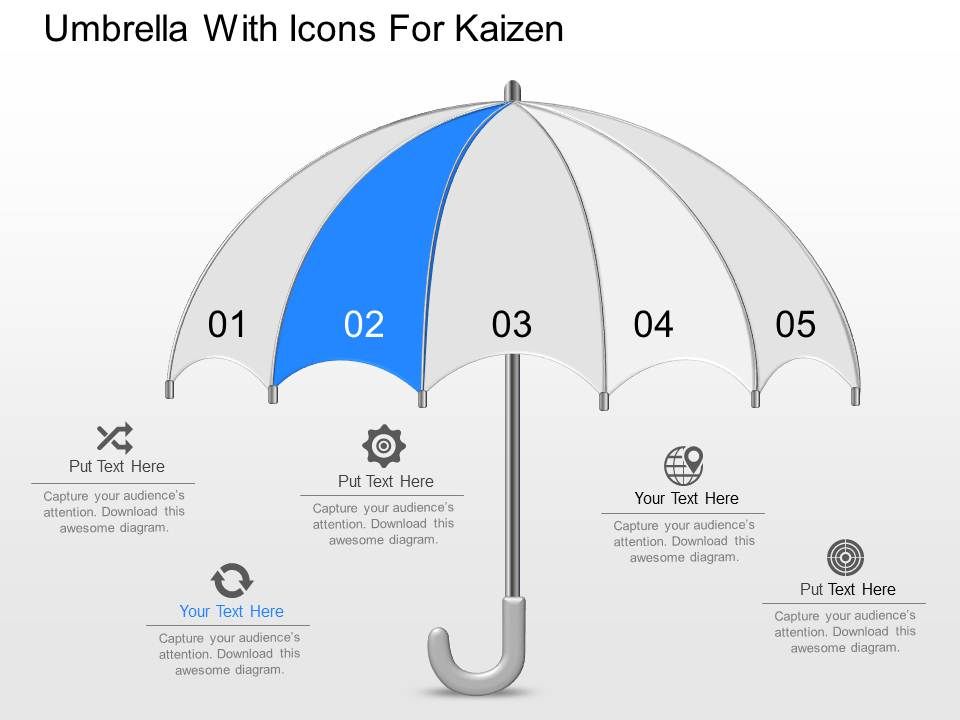 dn umbrella with icons for kaizen powerpoint template umbrella organization chart