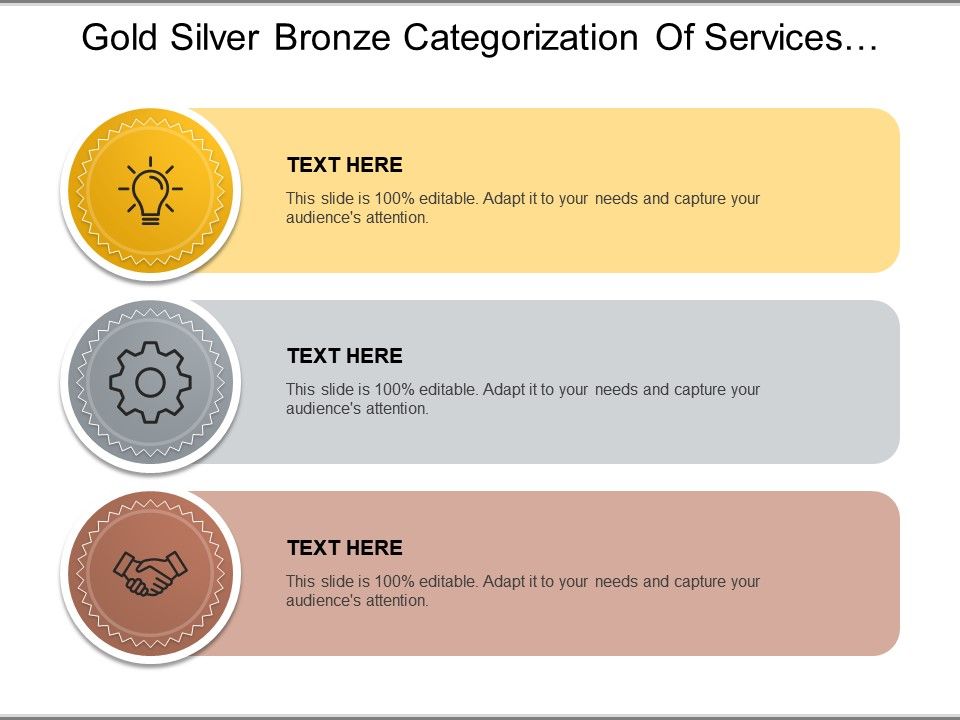 Gold Silver Bronze Categorization Of Services With Associated Icon Templates Powerpoint Presentation Slides Template Ppt Slides Presentation Graphics