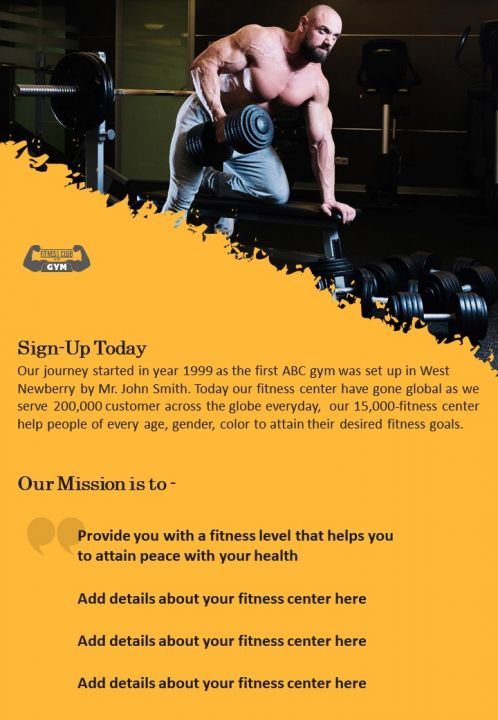 Gym Facilities Four Page Brochure Template | Presentation Graphics ...