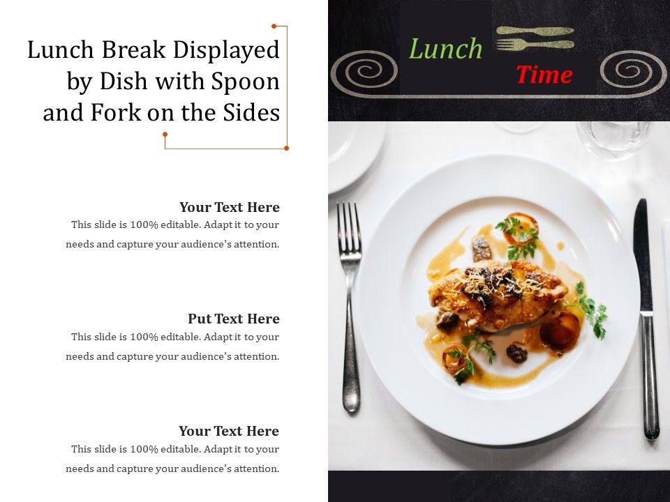 Lunch Break Displayed By Dish With Spoon And Fork On The Sides PowerPoint Presentation Designs