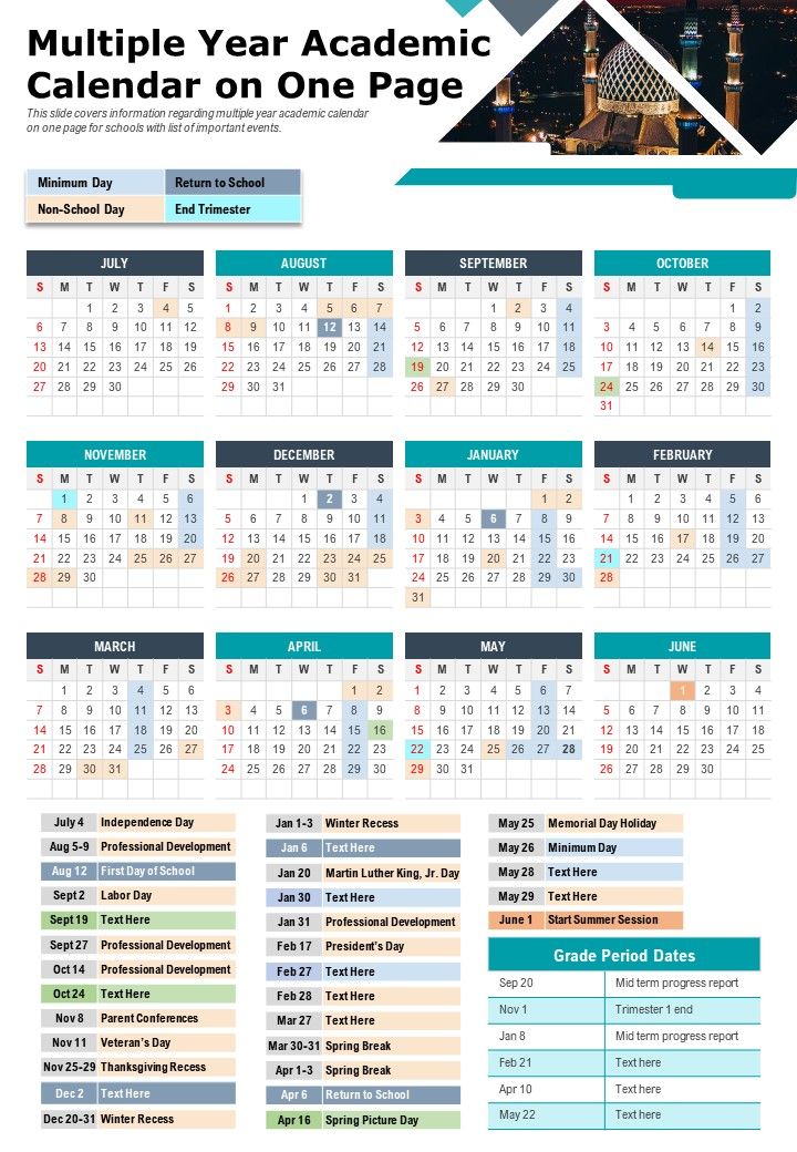 Multiple Year Academic Calendar On One Page Presentation Report PPT PDF
