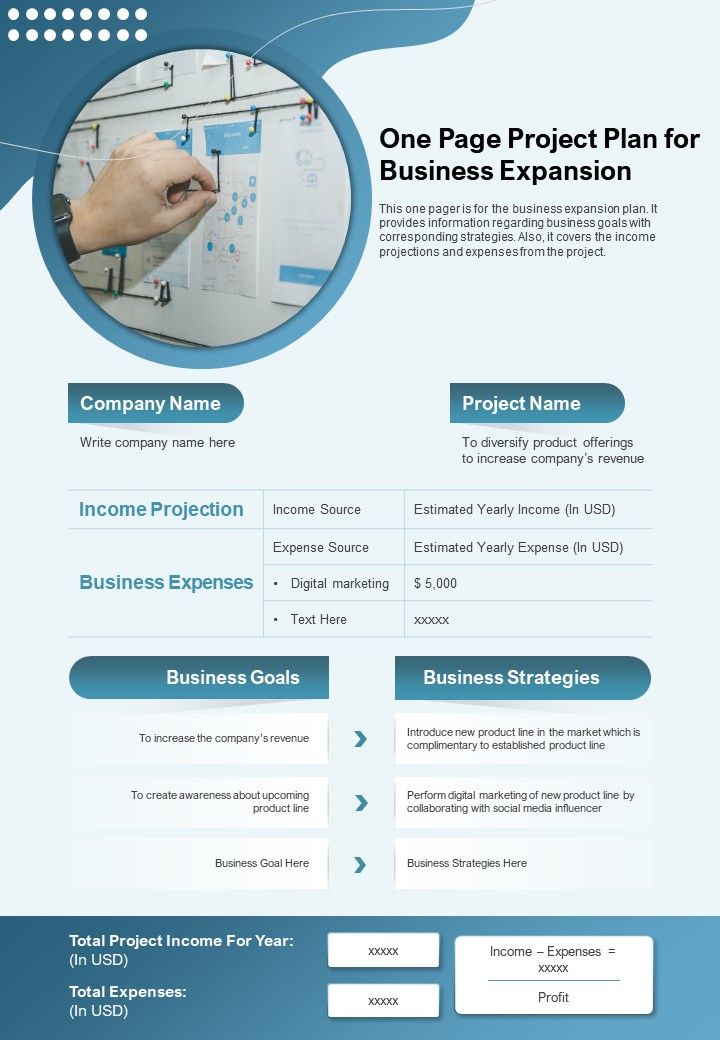 One page project plan for business expansion presentation report